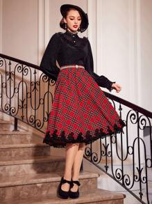 Vintamour 復古聖誕女裝格紋擴腳短裙 - 紅色 - 查看 5