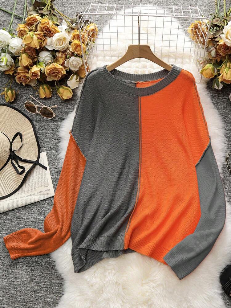 Plus Two Tone Drop Shoulder Sweater Knit Pullover Fall Winter Sweater