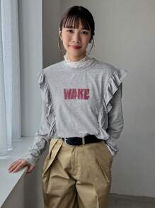 FRIFUL 女式字母印花T恤，带荷叶边下摆，长袖女式上衣 - 灰色 - 查看 8
