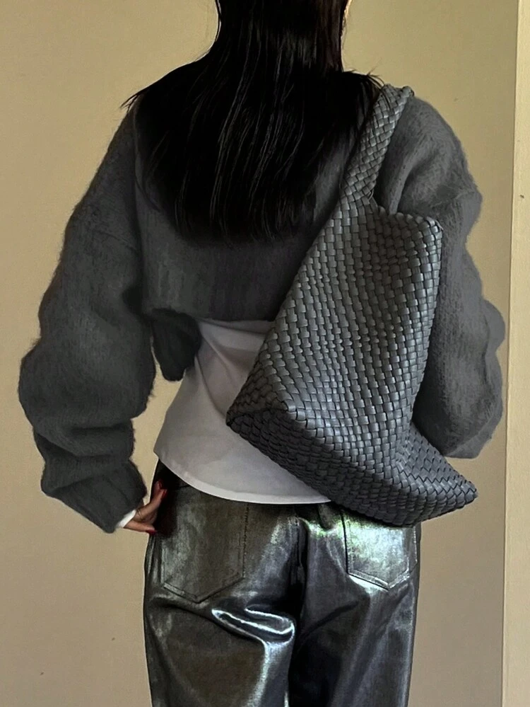 1pc Drop Shoulder Fluffy Knit Sweater,Long Sleeve Tops Crop Women Tops Fall