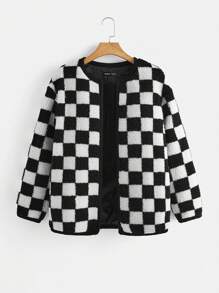 SHEIN Pregnant Women'S Checkerboard Fleece Jacket For Maternity, For Winter - Black and White - View 8