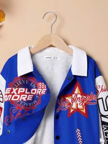 SHEIN Tween Boy Letter Graphic Contrast Collar Thermal Lined Jacket - Black - View 7