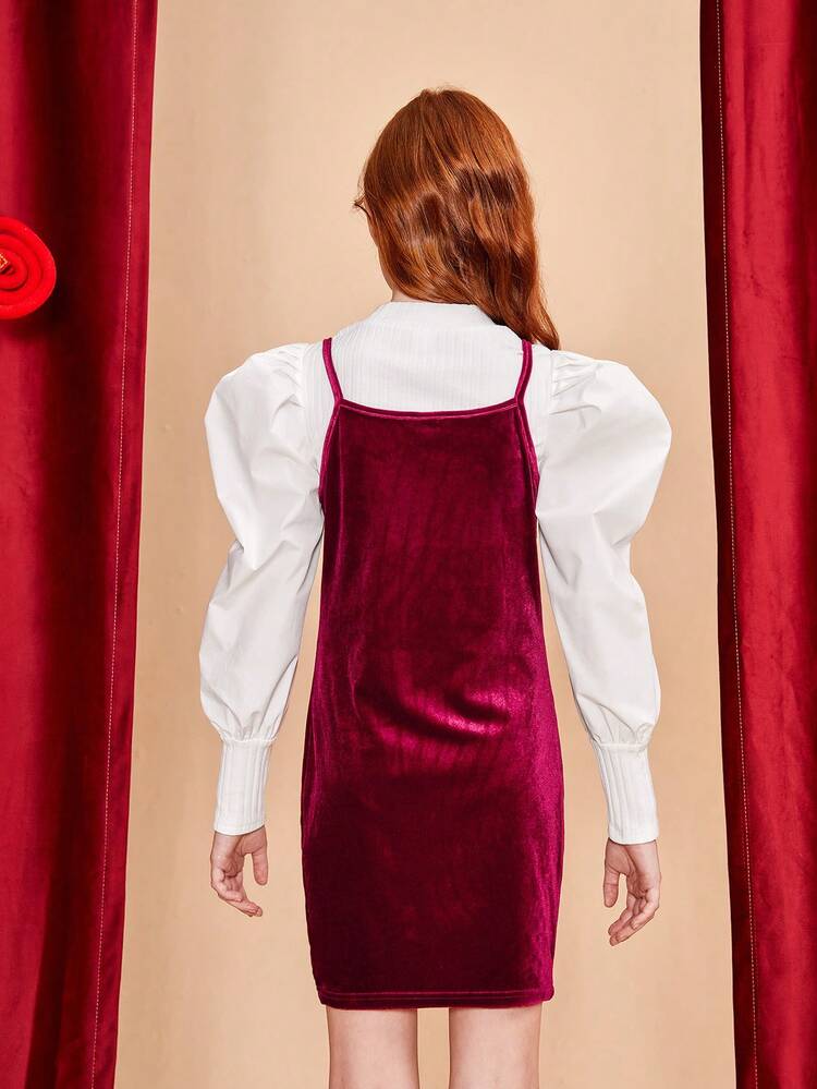 Girls' Knitted Solid Color Jumpsuit Set Including Long Sleeve Blouse With Fitted Leg-Of-Mutton Sleeve And Short Plush Cami Dress