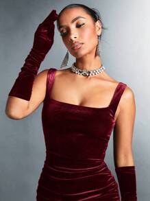 SHEIN BAE Women's Sleeveless Pleated Square Neck Bodycon Dress - Burgundy - View 3