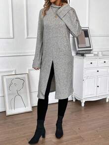 SHEIN LUNE 高領落肩袖高衩長款T恤 - 卡其色 - 查看 4