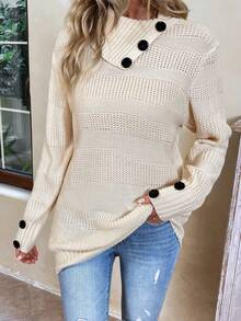 SHEIN LUNE Women's Asymmetrical Neckline Long Sweater - Beige - View 4