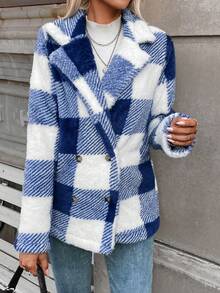 SHEIN Essnce 大方格圖案雙排釦絨毛外套 - 彩色 - 查看 3