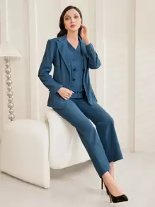 Mulvari Women's Suit Jacket, Vest And Pants Three Piece Set - Blue - View 1