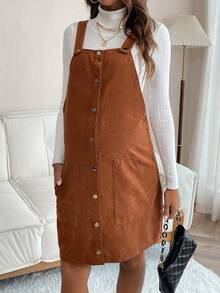 SHEIN Thai sản Mặt trước Nút Đầm Với Đường chéo Thiết kế túi ( Áo sơ mi ) - màu nâu - Xem 6