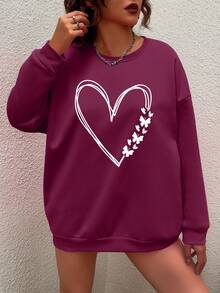 SHEIN EZwear 大尺碼女裝心形印花下落式顯瘦連帽衫 - 酒紅色 - 查看 4