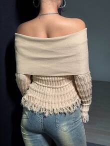 SHEIN Unity Áo len tua rua trễ vai viền bất đối xứng cho nữ - Màu be - Xem 2