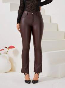 SHEIN Unity 女士休闲修身纯色长裤 - 棕色 - 查看 1