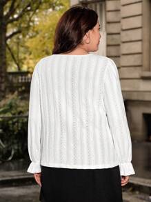 SHEIN Frenchy 大碼網眼刺繡荷葉袖T恤 - 白色 - 查看 2