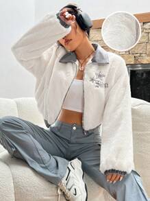 SHEIN EZwear Chữ cái & Dấu sao Thêu Cổ áo tương phản Thả vai 	
Fuzzy Áo khoác - trắng - Xem 1