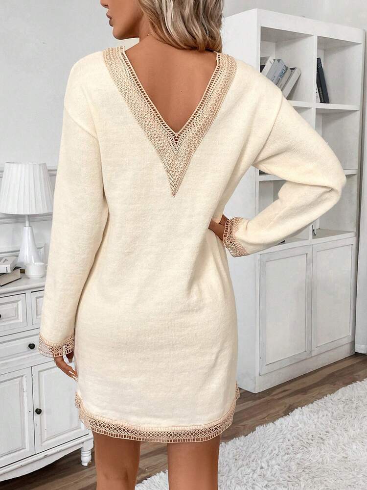 Women's V-Neck Lace Trimmed Sweater Dress With Weave Belt, Without Waistband Winter Casual