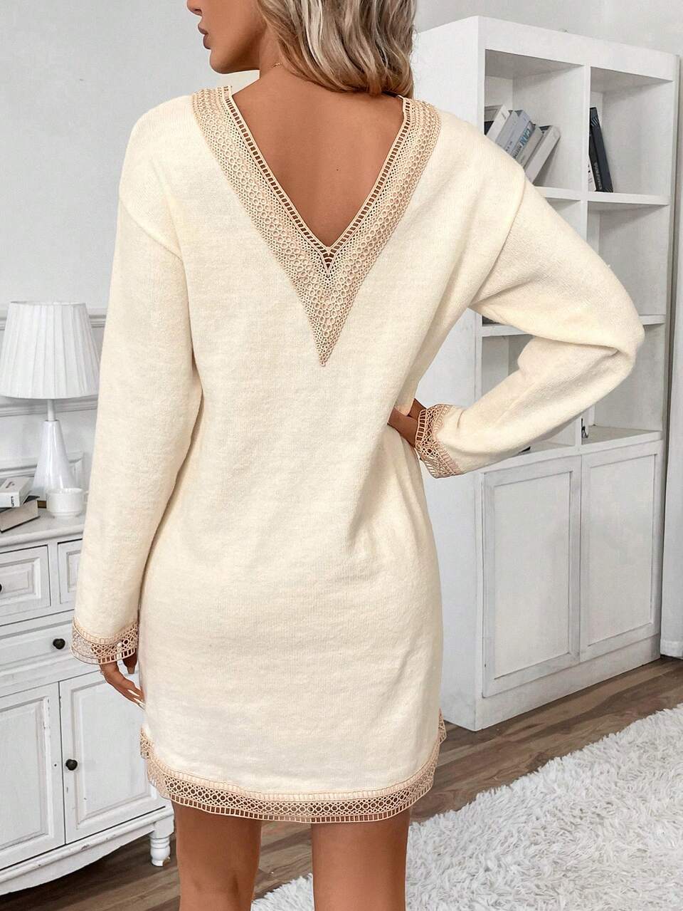 Women's V-Neck Lace Trimmed Sweater Dress With Weave Belt, Without Waistband Winter Casual