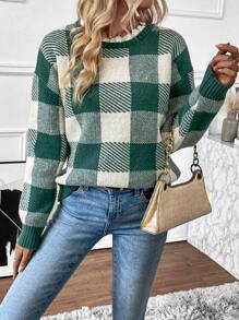 SHEIN LUNE Buffalo Karomuster Oversized Strickpullover für Herbst und Winter - Grün - Übersicht 1