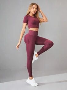 Yoga Basic 女性純色運動套裝 - 酒紅色 - 查看 4