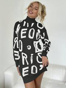 Váy len dệt kim họa tiết chữ cổ lọ thường ngày cho nữ - Đen và trắng - Xem 4