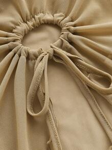 SHEIN ICON Drawstring Front Lettuce Trim Split Hem Tube Top - Khaki - View 3