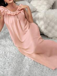 女士荷叶边下摆家居睡衣裙、长裙 - 粉色 - 查看 6