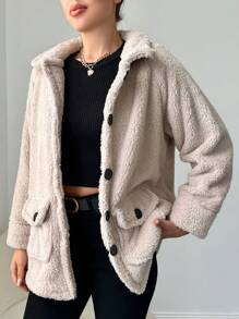 EURMUSE Teddy Jacket With Flip Pocket And Raglan Sleeve - Beige - View 5