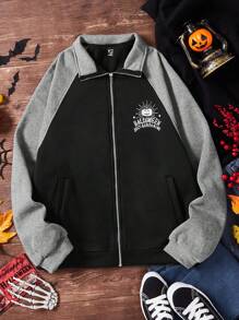 SHEIN EZwear 萬聖印花插肩袖拉鏈開襟運動衫 - 灰色 - 查看 5