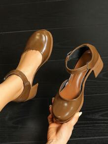 Women's Round Toe High Heel Mary Jane Pumps Thick Heel, Mid Heel, 2024 Autumn Winter New Styles, Anti-Slip, Waterproof Platform, Plus Size 41-43, Elegant