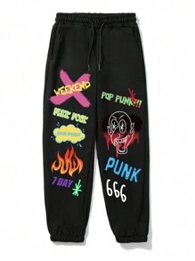 ROMWE MEN Street Life 男士字母圖案腰部抽繩衛褲 - 黑色 - 查看 1