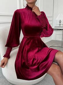 SHEIN Clasi Frill Trim Lantern Sleeve Velvet Dress