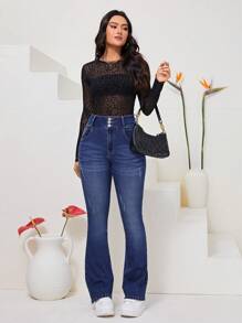 SHEIN Privé Cao eo Mèo cào Quần ống loe - Rửa tối - Xem 1