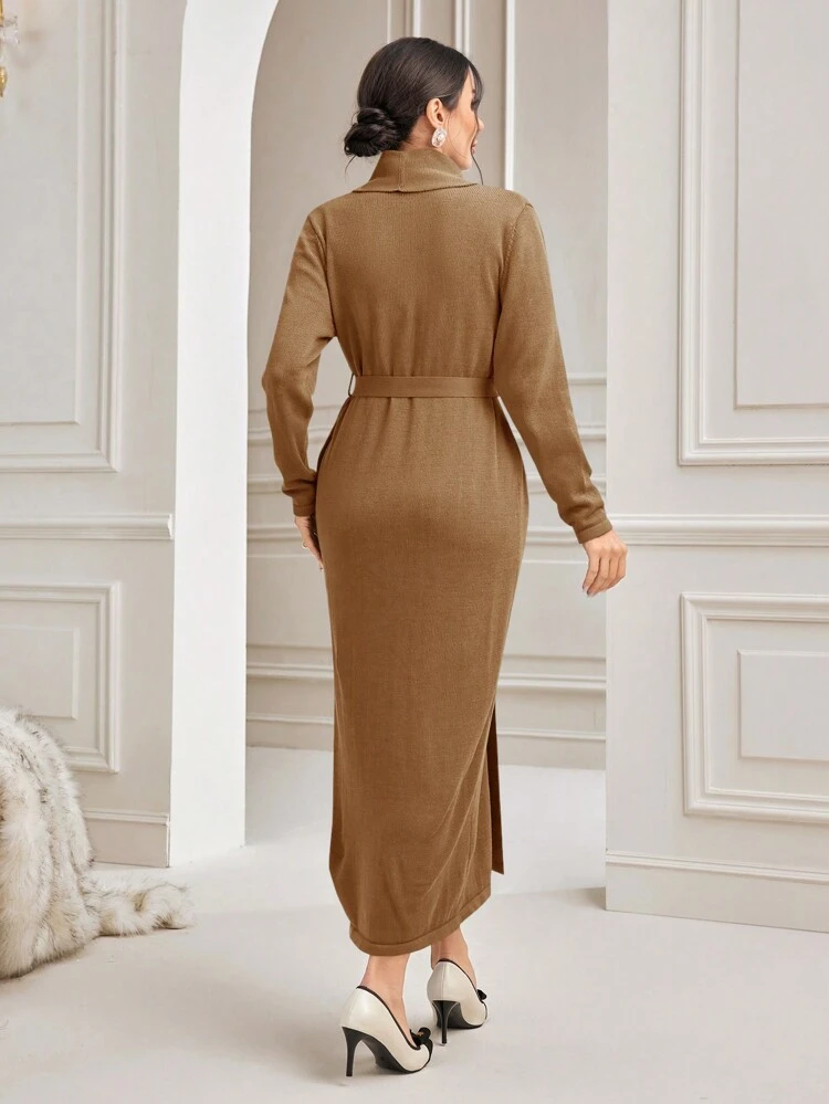 Solid Cardigan & Halter Neck Sweater Dress
