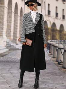 SHEIN Clasi Contrast Houndstooth Print Fringe Trim Double Breasted Overcoat