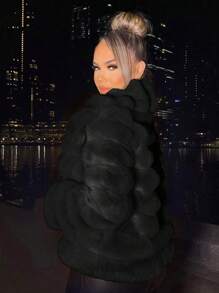 SHEIN SXY Plus Size Women's Sexy & Elegant Party Black Faux Fur Collar Drawstring Jacket, Autumn/Winter