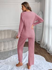 RueChic Women's Text Print Ribbed Knit Lounge Wear Set - Baby Pink - View 2