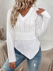 SHEIN LUNE Áo len dệt kim xoắn viền bất đối xứng cổ chữ V - trắng - Xem 1