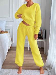 SHEIN Cottnline Drop Shoulder Plush Hoodie And Pants Set - Yellow - View 5