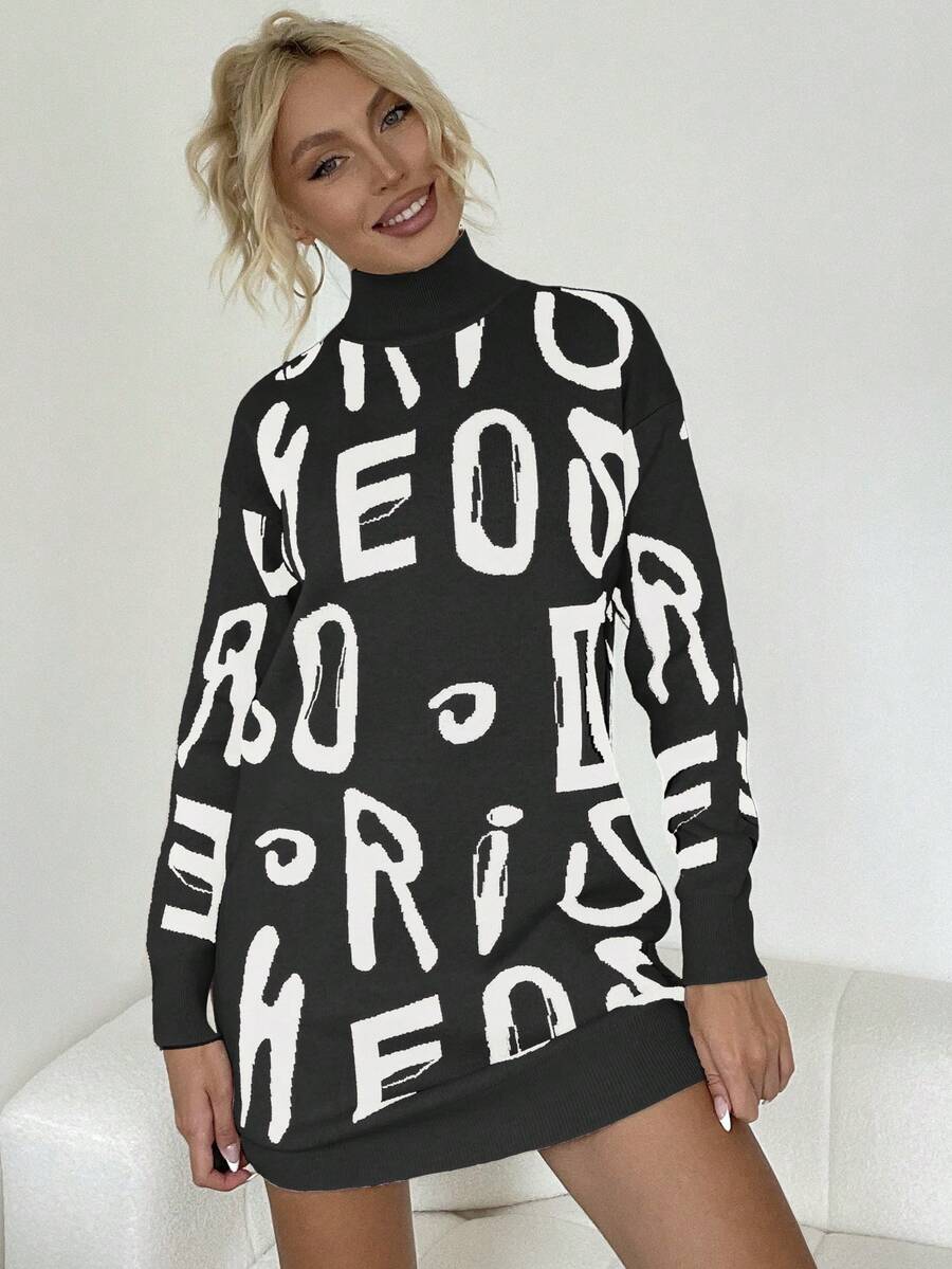 Váy len dệt kim họa tiết chữ cổ lọ thường ngày cho nữ - Đen và trắng - Xem 1