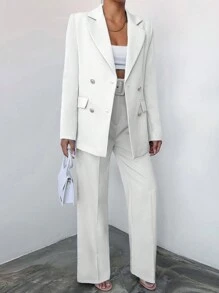 EURMUSE Solid Color Turn-down Collar Double-breasted Suit Set - White - View 5