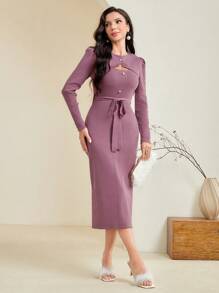 Modelyn Màu thuần 2 trong1 Xu hướng: Cắt giảm Dệt kim Đầm Với Chi tiết nút thắt - Màu tím hoa cà - Xem 1