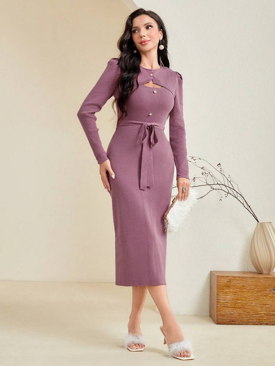 Modelyn Màu thuần 2 trong1 Xu hướng: Cắt giảm Dệt kim Đầm Với Chi tiết nút thắt - Màu tím hoa cà - Xem 1