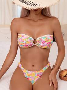 SHEIN Swim Summer Beach Random Flower Print Lace Decor Strapless Bikini Swimwear Set - Multicolor - View 3