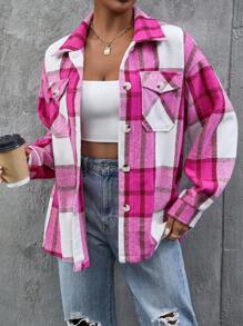 SHEIN Unity 格紋印花垂墜肩襯衫 - 玫紅色 - 查看 1