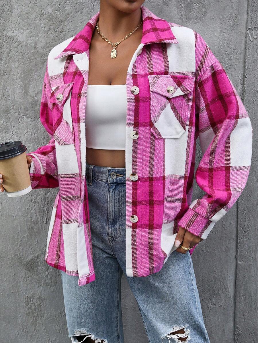 SHEIN Unity 格紋印花垂墜肩襯衫 - 玫紅色 - 查看 1