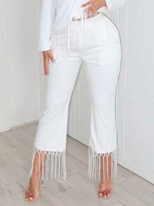 SHEIN SXY Quý cô Gợi cảm Trắng Quần tây Với Tua chi tiết - trắng - Xem 6