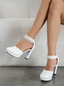 女士高跟鞋，纯色舒适闭趾设计，多层编织鞋带，圆头踝带，前厚底，后拉链，粗跟，优雅正式礼服鞋，适合婚礼、派对、假日等场合。 - 白色 - 查看 3