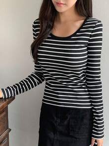 Dazy Star Sọc Vòng cổ Của phụ nữ Áo thun - Đen và trắng - Xem 3