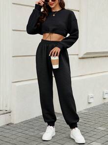 SHEIN EZwear 女性素色抽繩下擺落肩袖九分上衣和長褲套裝 - 黑色 - 查看 6