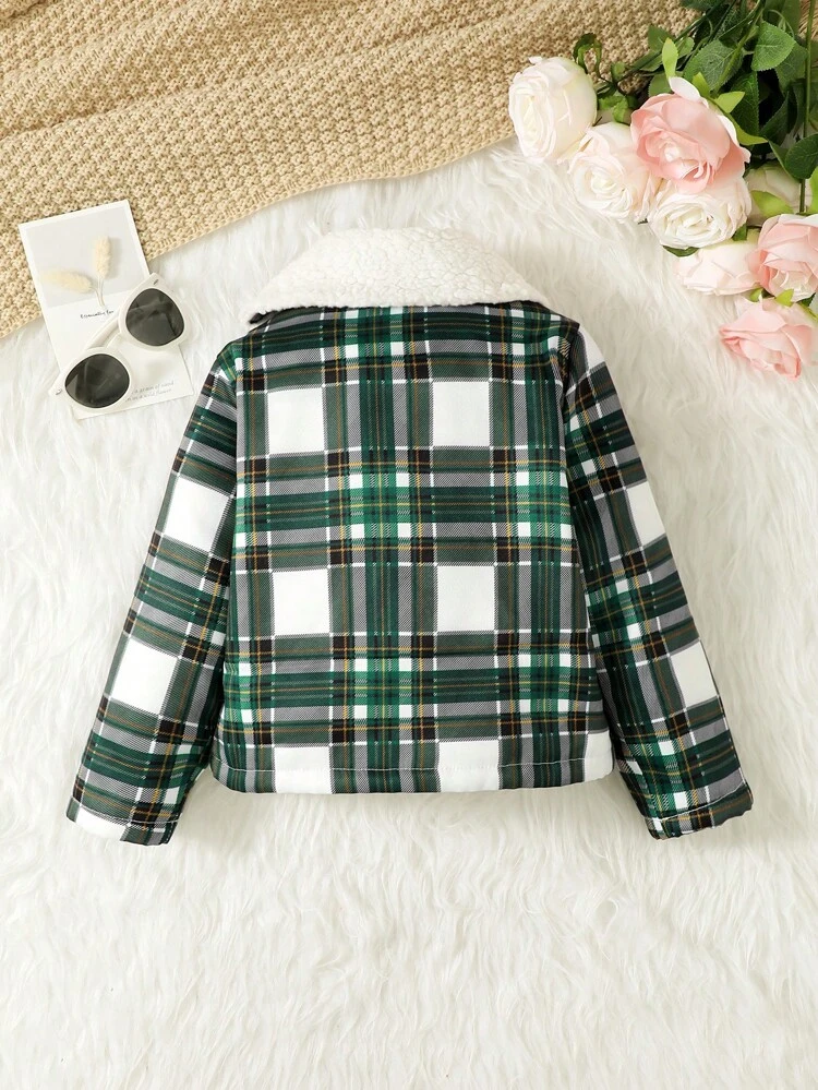 Young Girl Plaid Print Teddy Lined Coat