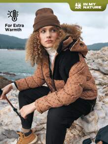 In My Nature 拼色字母图案拼色连帽棉服大衣 - 卡其色 - 查看 7